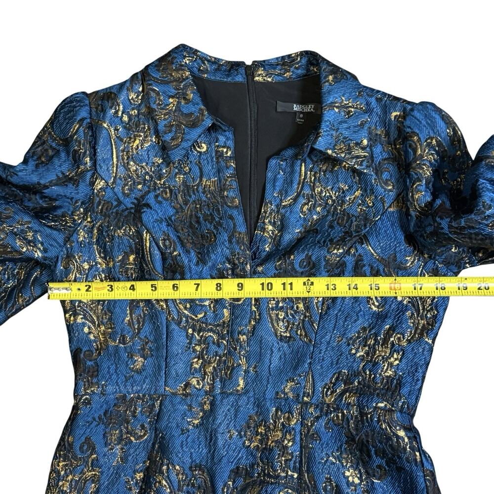 Badgley Mischka Puff-Sleeve Regal Brocade Blue & Metallic Gold Shirtdress Gown 8 - Picture 7 of 14